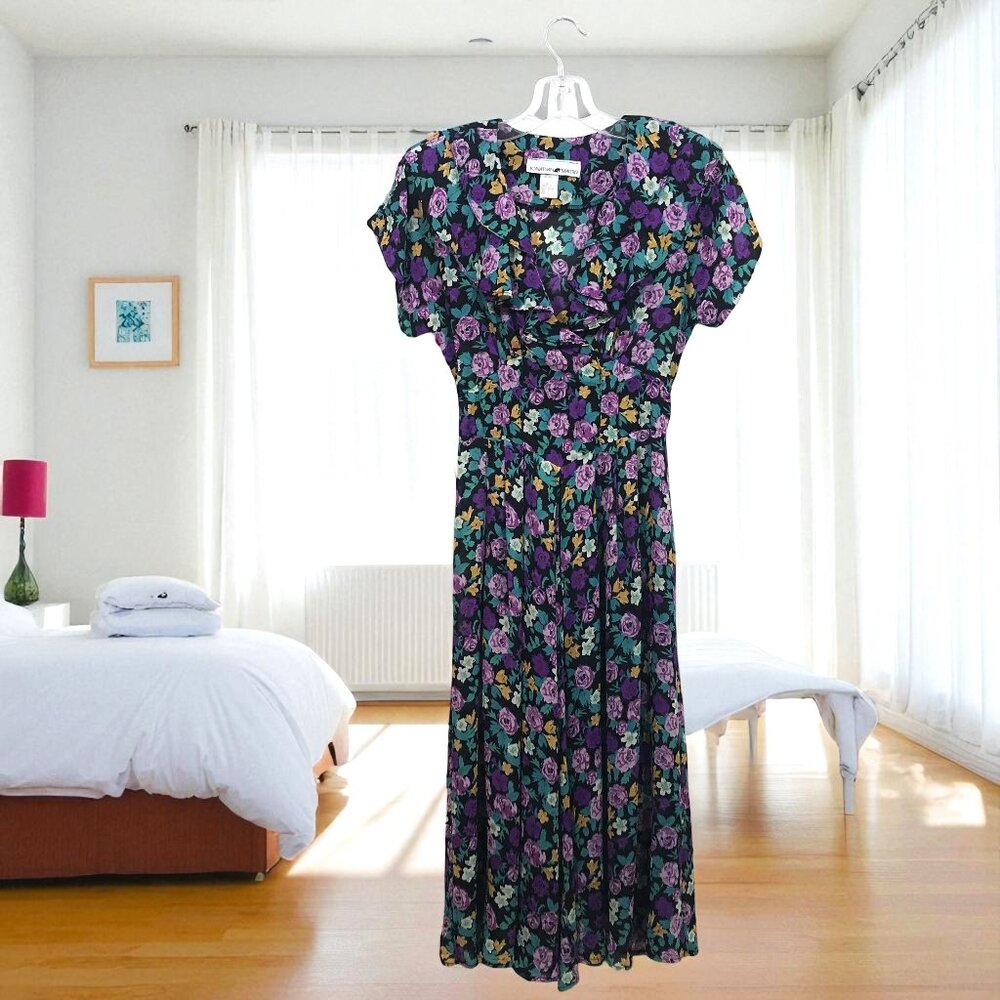 Vintage Jonathan Martin Floral Dress Ruffle Butterfly Sleeve Flowy Maxi Sz 5, 6
